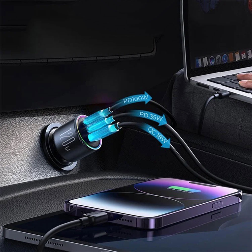 (120W) Dual USB C / USB A Auto KFZ Ladegerät Netzteil PD 3.0 / QC 3.0 mit LED Beleuchtung   USB C Ladekabel - Schwarz