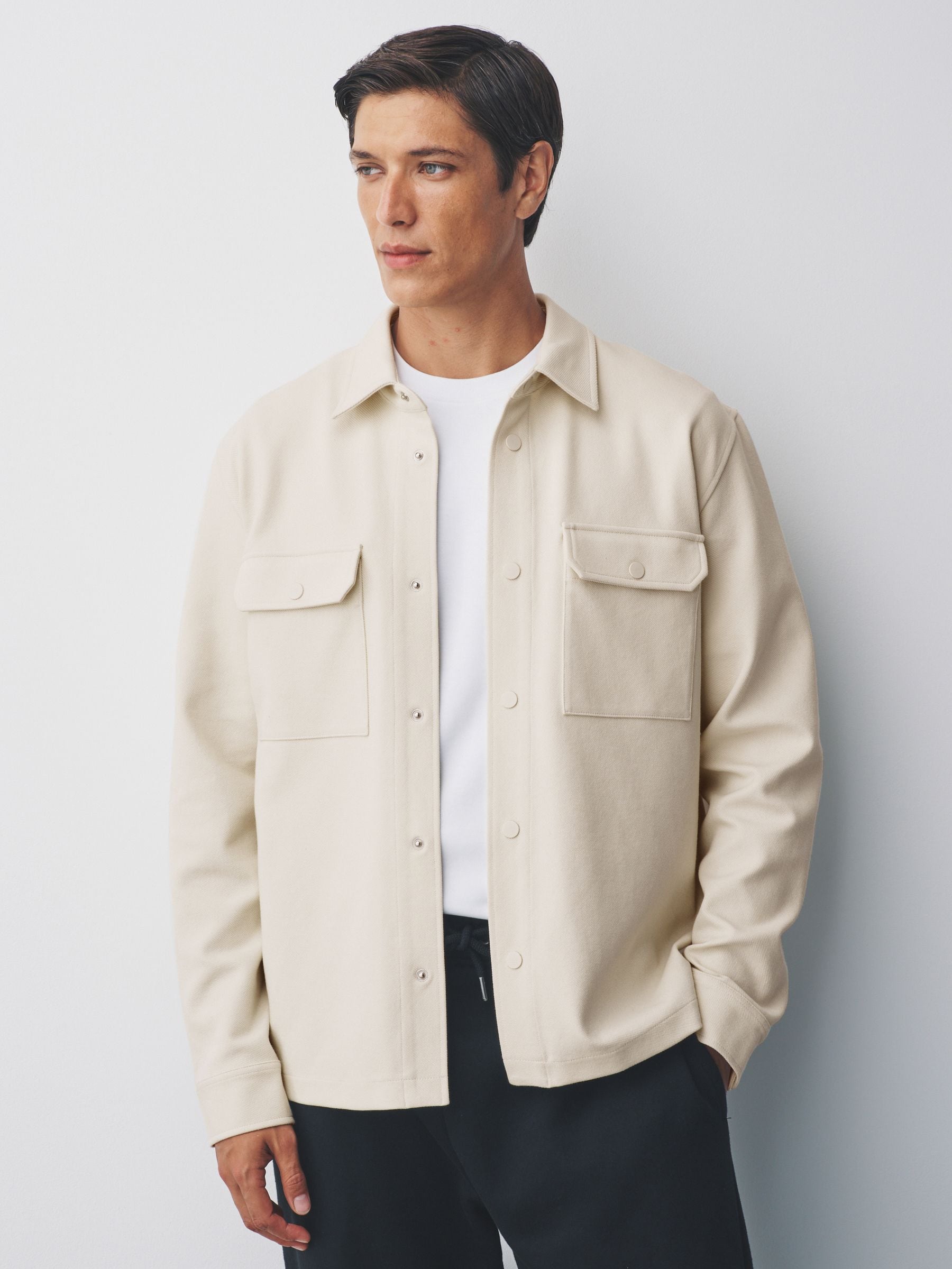 Ecru wit - Jersey keperstof Overshirt met drukknopen
