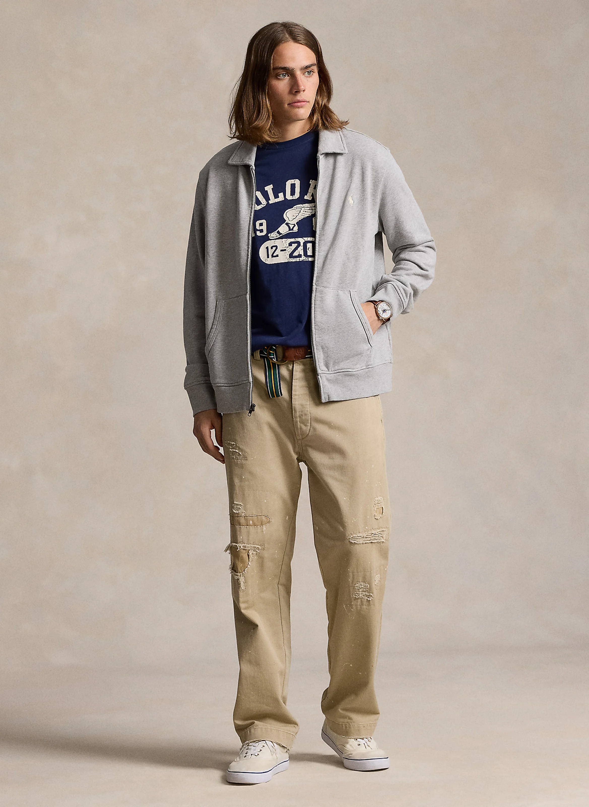 Sweat col polo zippé en coton| Gris