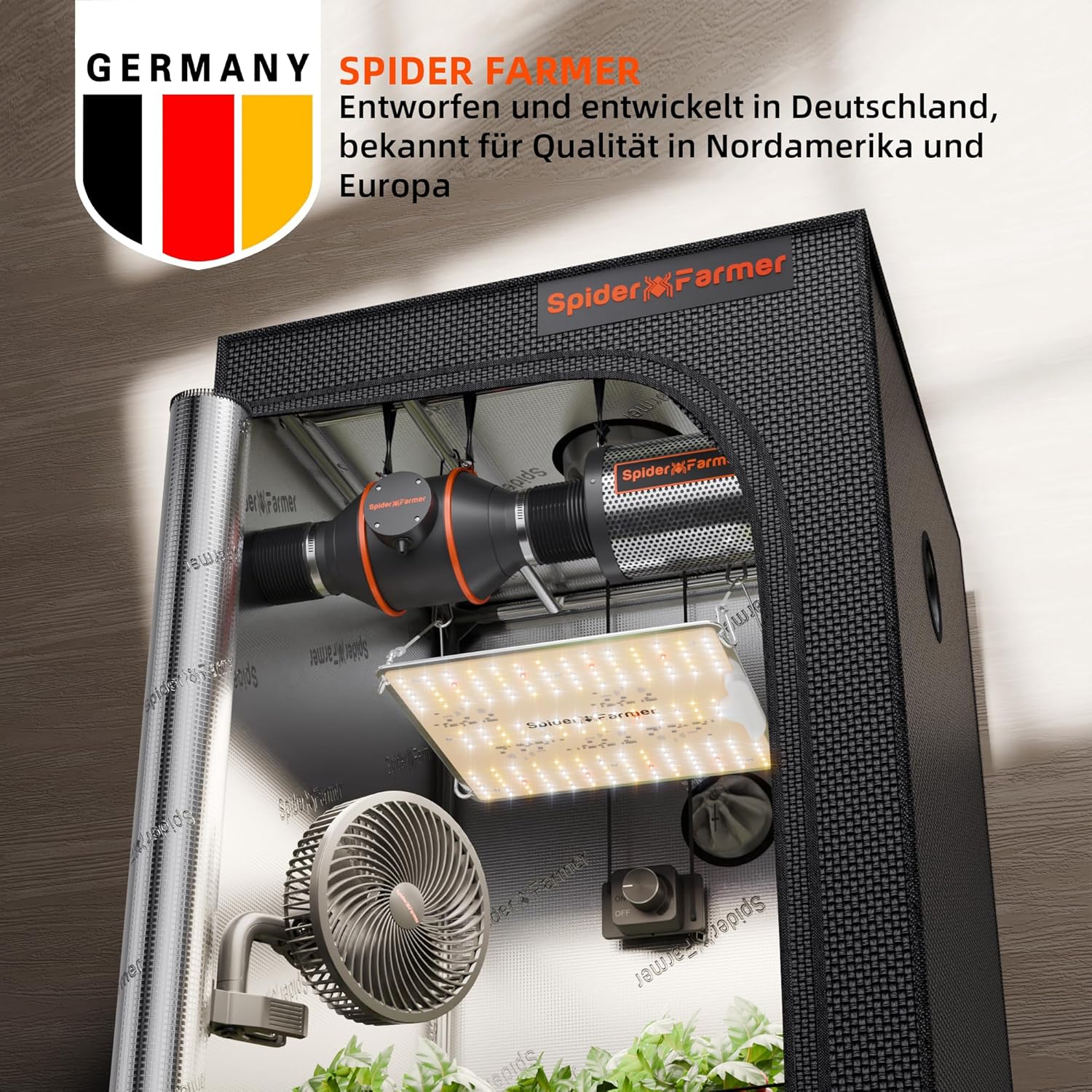 Spider Farmer SF1000D Growzelt Komplettset LED Grow Lampe Vollspektrum LM301B LEDs Growzelt Kit Komplettes 60x60x140cm Hydroponics 1680D Growing Tent Kit Belüftungssystem