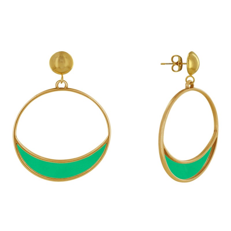 Boucles d'Oreilles Clous Métal Doré Cercle et Croissant de Lune Translucide Coloré