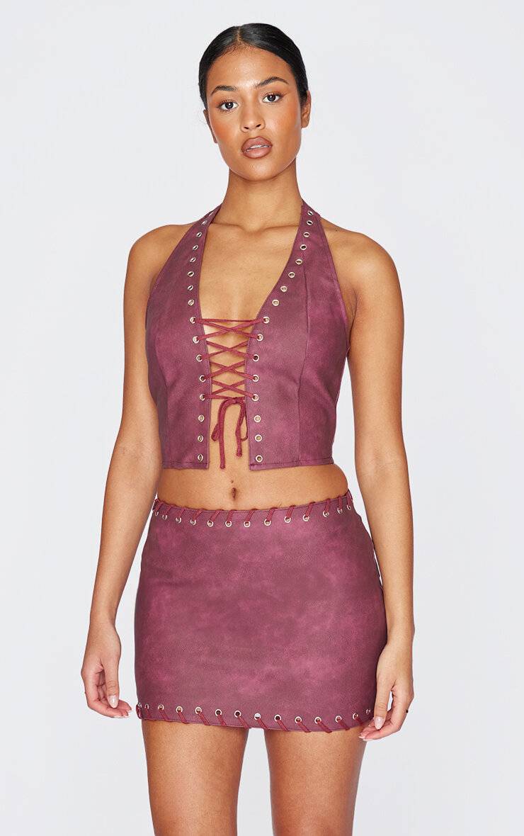 Washed Red Jupe Courte Grande Taille En Synthétiquecuir Avec Détails Œillets