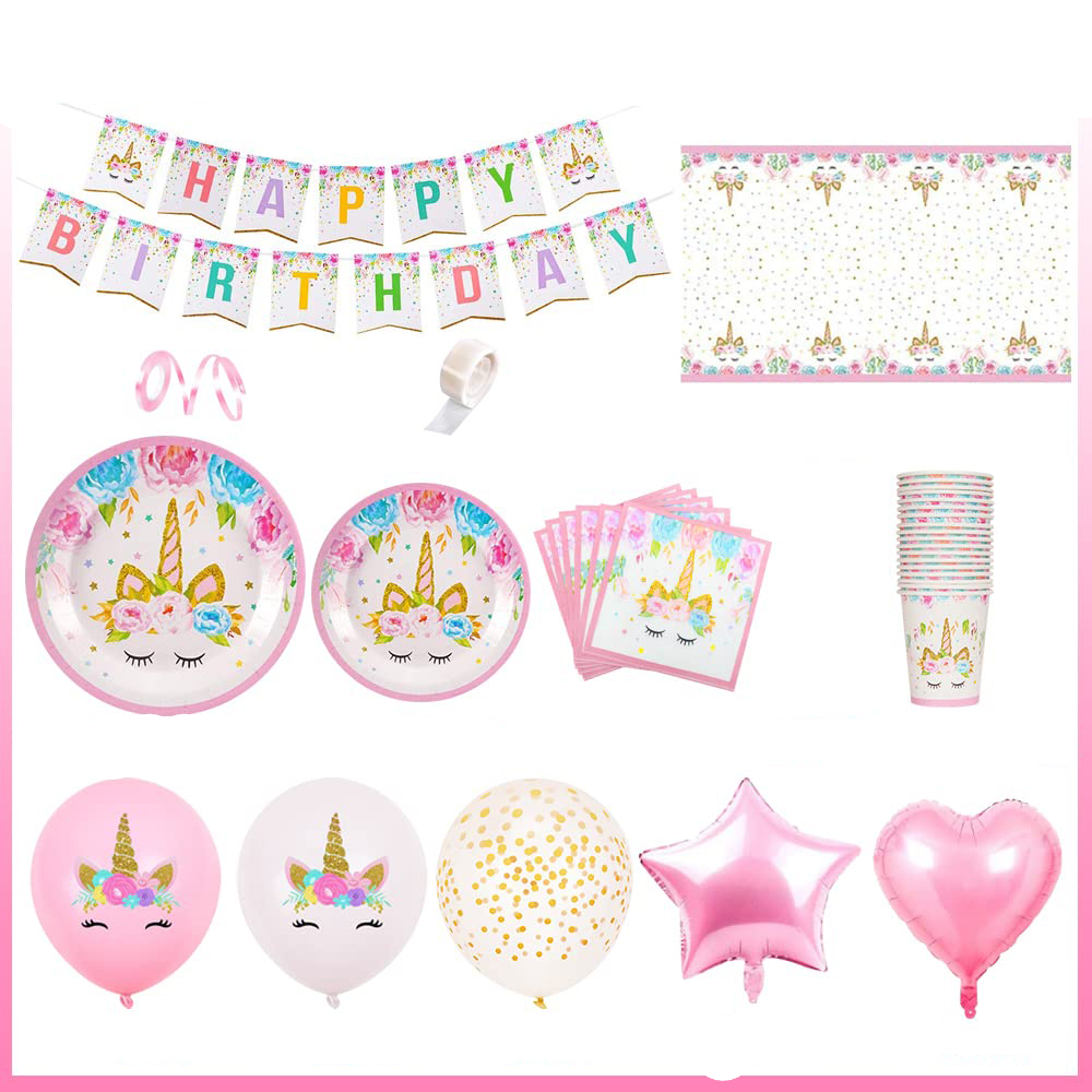 (148-tlg. Set) Kinder Geburtstags Party Tisch Deko Einweg Geschirr / Ballons / Girlande - Einhorn