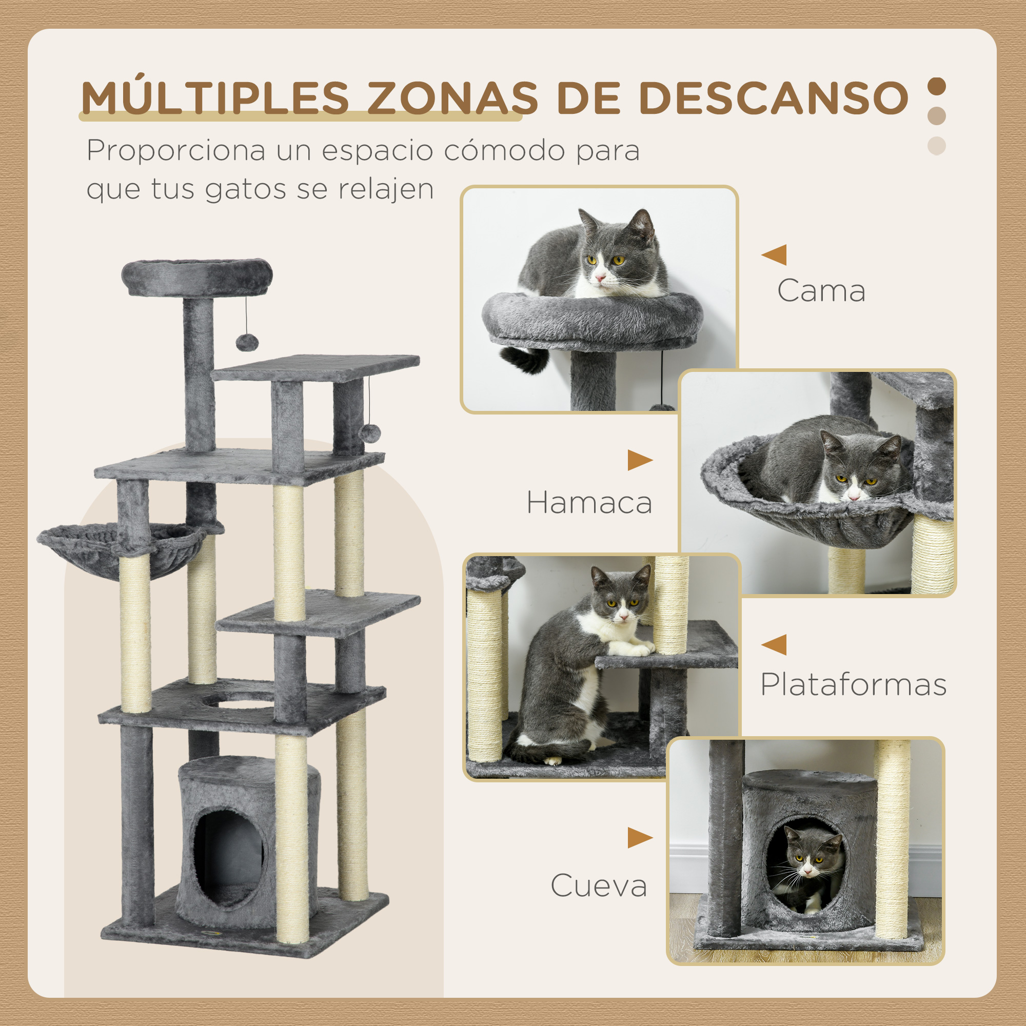 Árvore para Gatos PawHut Grande de 144cm, Torre para Gatos de Interior com Postes para Arranhar, Cama, Caverna, Plataformas e Bolas Penduradas, 49x49x144cm, Cinza