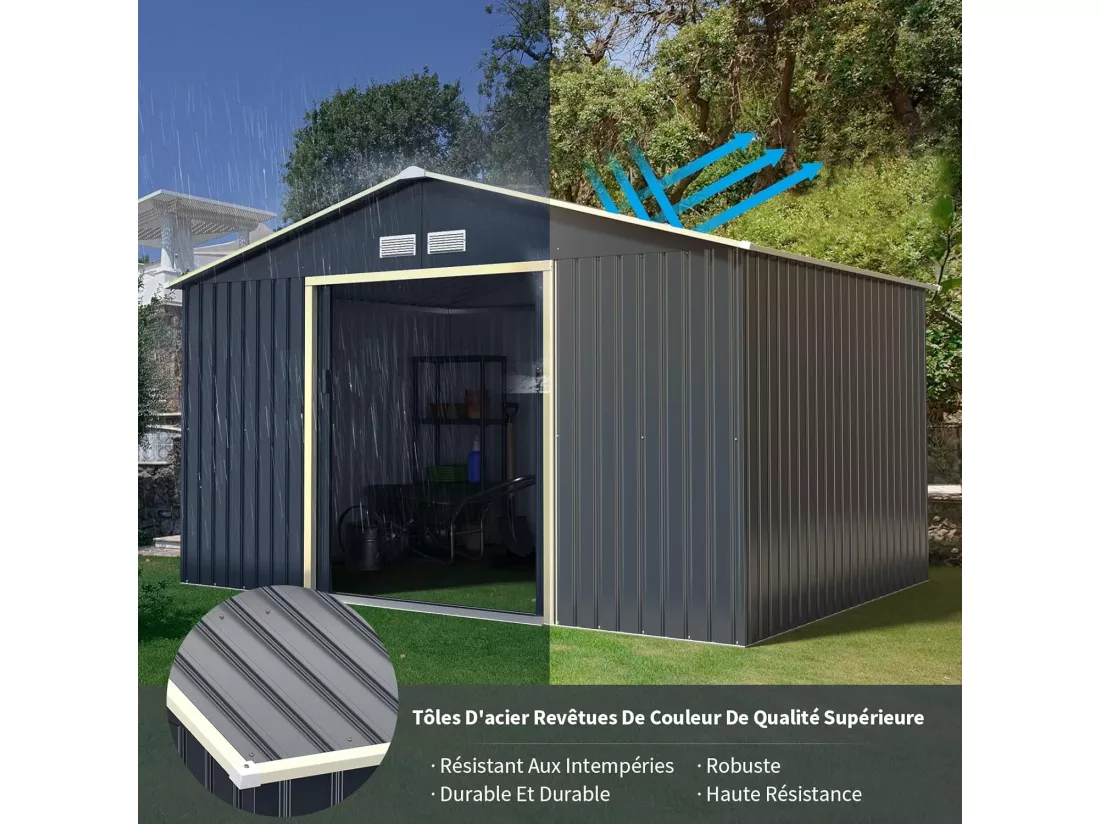 Abri de Jardin Métal 2 Portes Coulissantes Verrouillables, 4 Trous d’Aération, Toit Penché, Cabane Exterieur pour Vélo, Poubelle, 340 x 255 x 210 cm (Gris)
