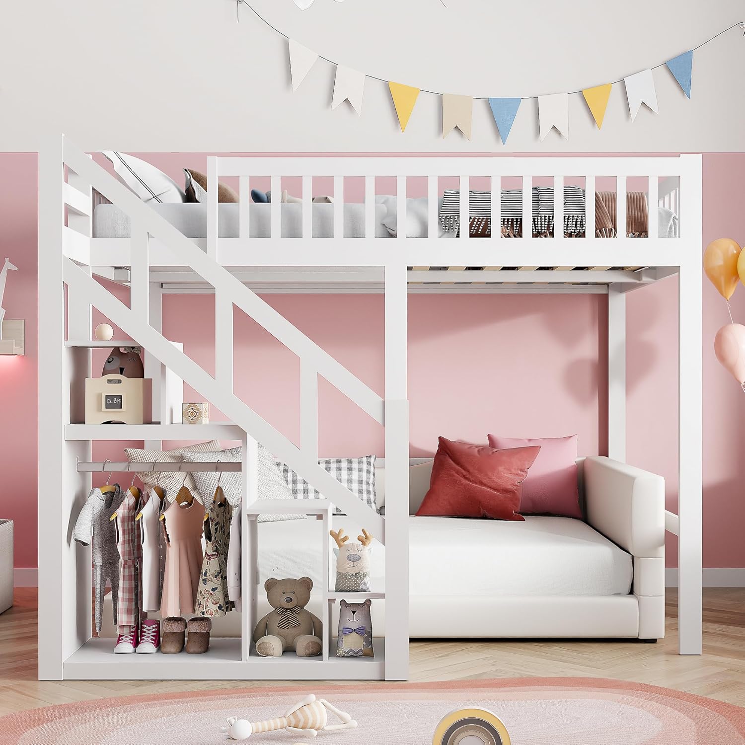 Etagenbett 140 x 200 cm mit Treppe, Etagenbett für Kinder mit Staufach Kinderbett Hochbett mit Fallschutz und Zäunen (Weiß, 140 x 200 cm)