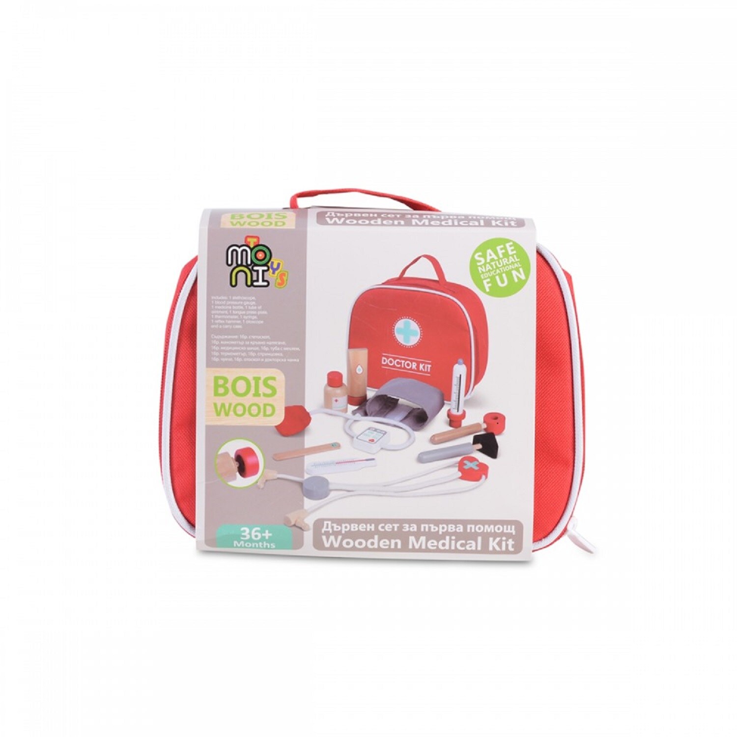 Moni Holzspielzeug Erste Hilfe Set 4501 Arztkoffer, 10-tlg, Tasche, Thermometer rot