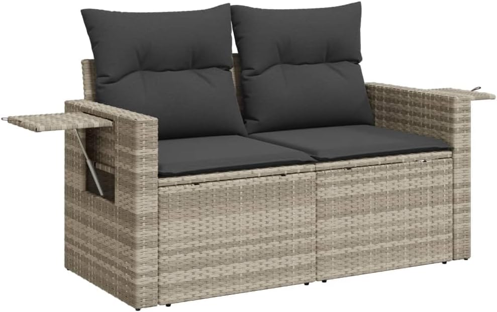 vidaXL Gartensofa mit Kissen 2-Sitzer, Sofa mit klappbaren Ablagen, Terrassensofa mit abnehmbarem waschbarem Bezug, Gartenmöbel Terrassenmöbel, Hellgrau Poly Rattan