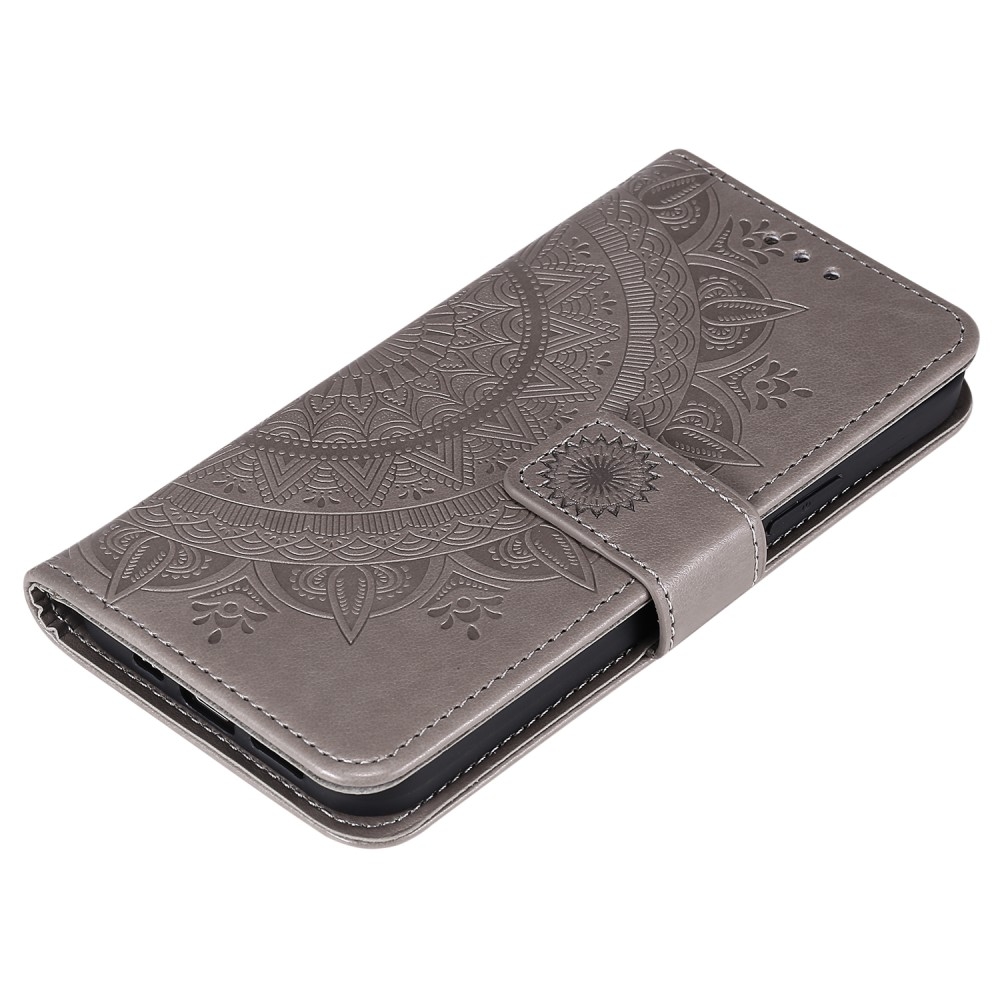 iPhone 12 / iPhone 12 Pro Leder Tasche Wallet - Mandala Flowers Imprint - Grau