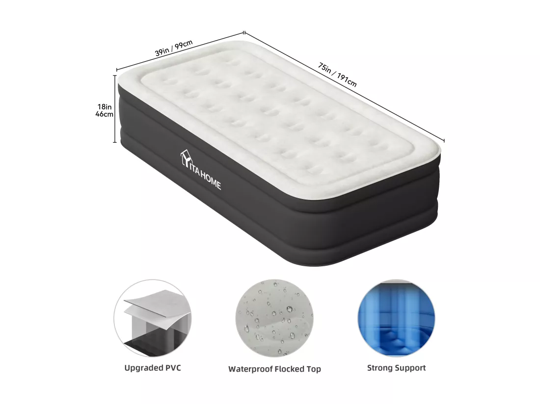 YITAHOME Matelas Gonflable 1 Personne avec Pompe Électrique Intégrée - Lit Gonflable - Auto-Gonflage/Dégonflage Rapide pour Invités - Camping - 191 x 99 x 46 cm - Gris & Noir