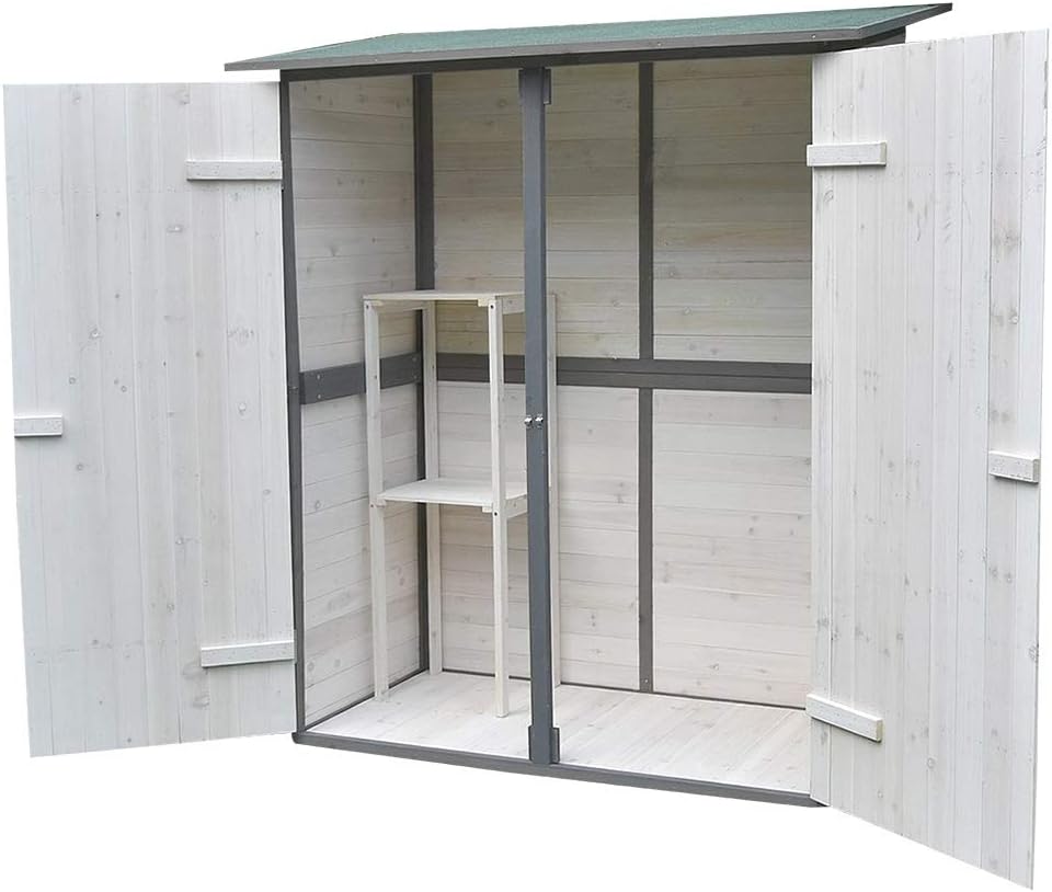 Melko Gartenschrank mit Pultdach und Doppelflügeltür Weiß/Grau Holz Gerätehaus 162 x 140 x 75 cm, inkl. Regal