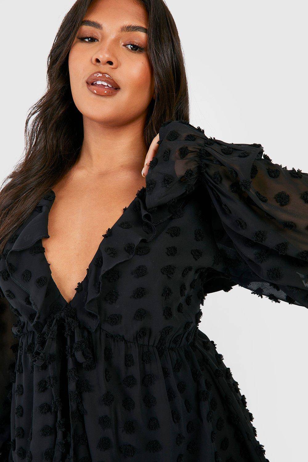 boohoo Plus Large Dobby Chiffon Ruffle Smock Top