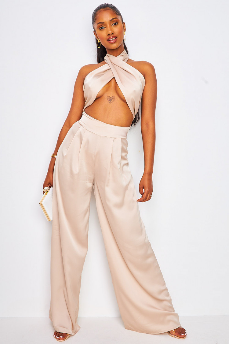 Ensemble satiné beige top à nouer + pantalon