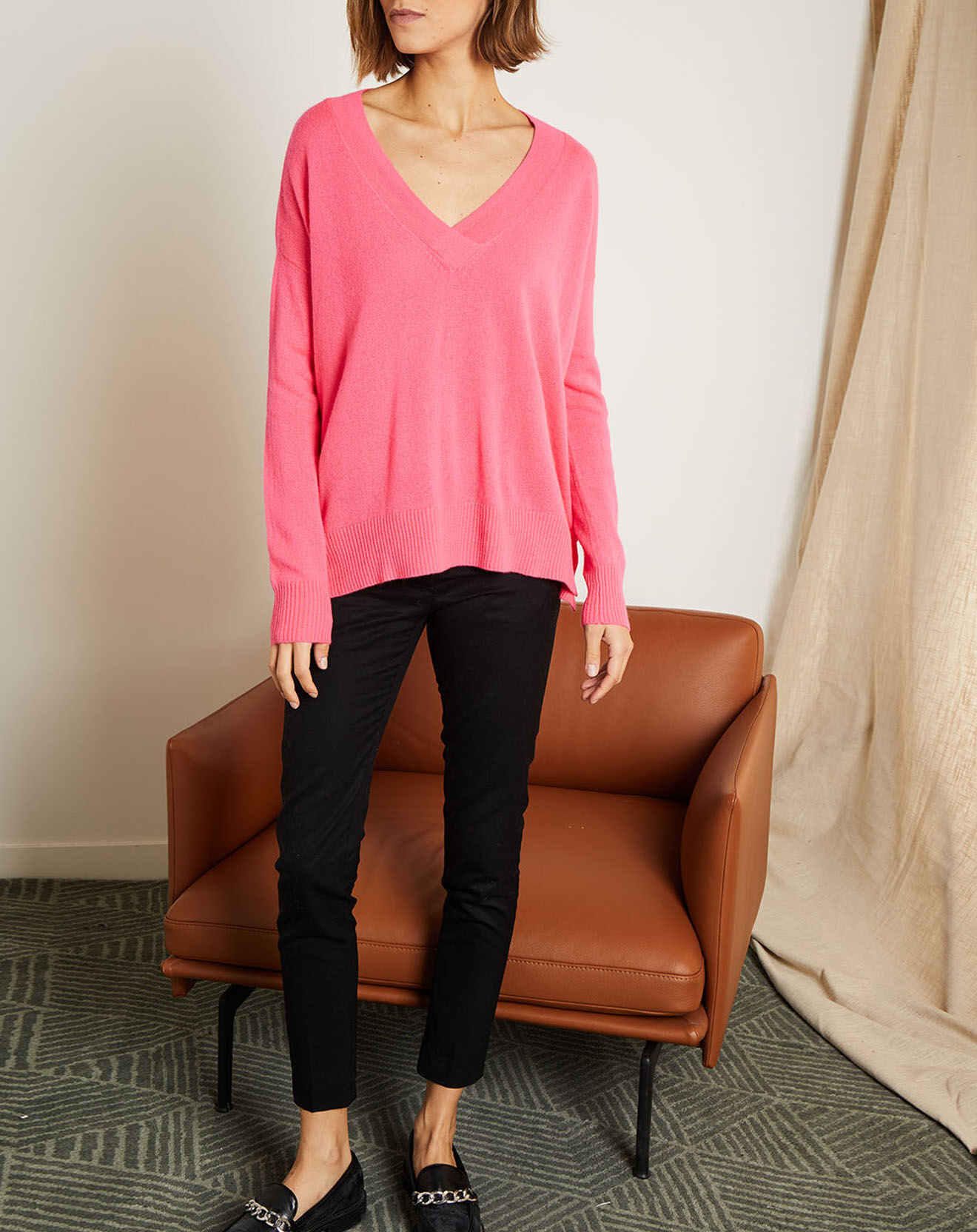 Miss Cashmere Pull ample 100% Cachemire Iris Col V rose fluo