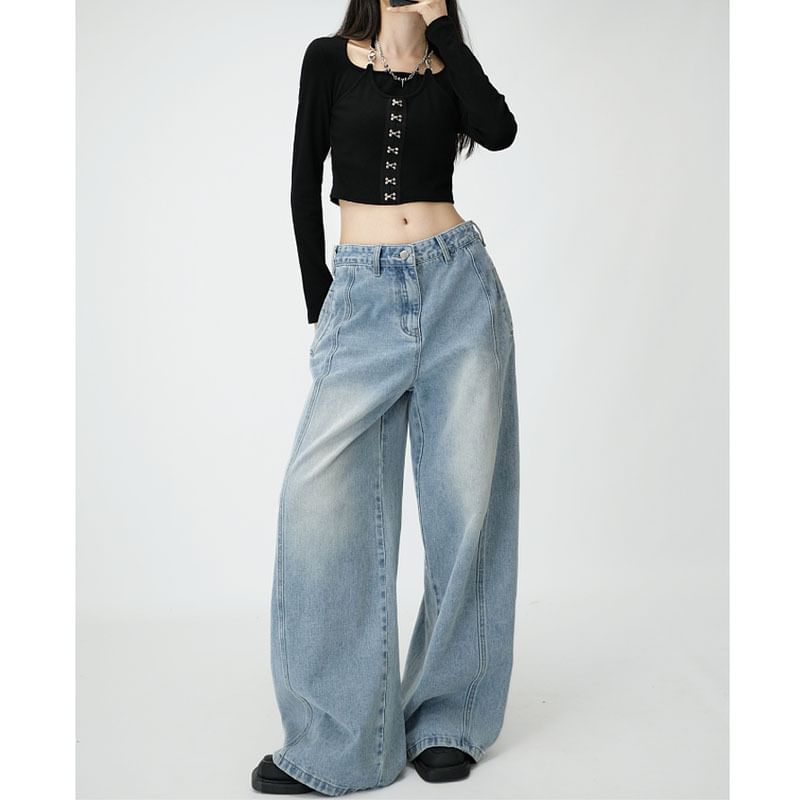 Bolgivy - High Waist Washed Wide Leg Jeans (Diverse designs)