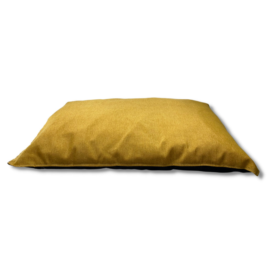 Colchão grosso, tamanho G, cor dourada, largura 110 cm, comprimento 75 cm, altura 14 cm.