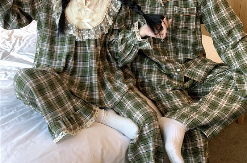 Sadelle - Koppel bijpassende pyjamatop met lange mouwen, inkeping, geruite kanten panelen, reverskraag en knoopjes, top / broek / set (verschillende ontwerpen)