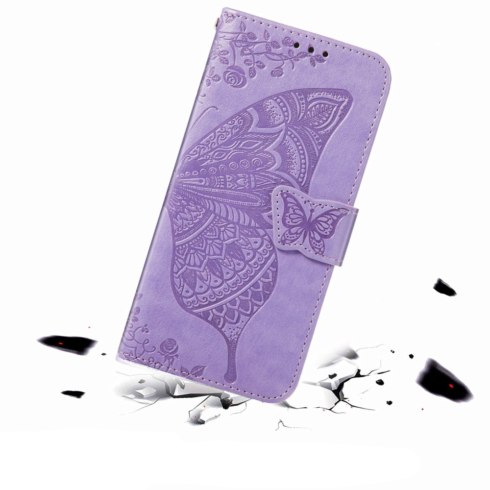 Samsung Galaxy S21 FE 5G Leder Tasche Flip Cover Schmetterlinge Imprint - Lila