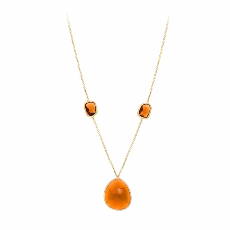 Collier Sautoir Argent Dore Gros Galet Orange