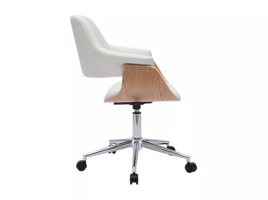 Chaise de bureau à roulettes design blanc, bois clair et acier chromé HANSEN