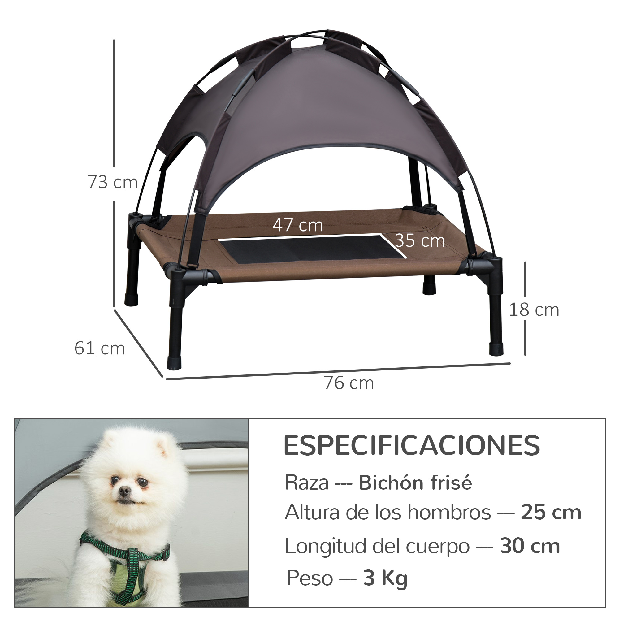 Cama portátil elevada para animais de estimação PawHut com cobertura removível, tecido respirável, para uso interno e externo, 76x61x73 cm, cor café.