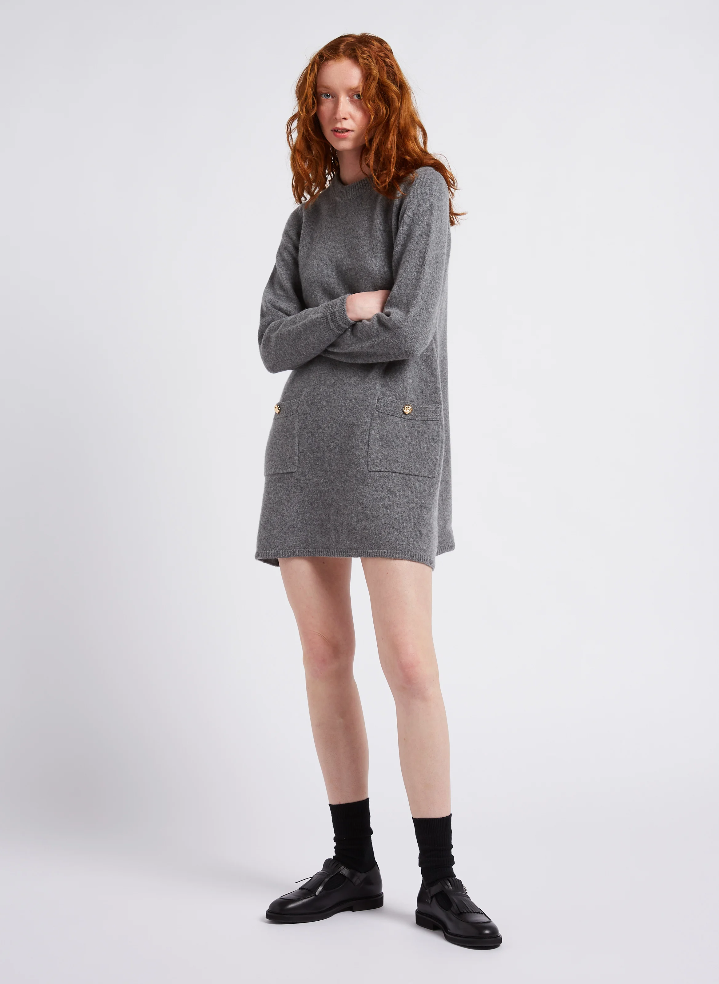 ROSS - Robe courte col rond en laine et en cachemire mélangés | Gris