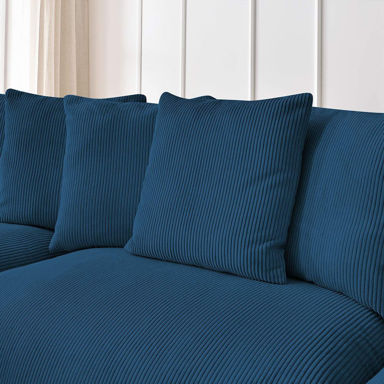 Bobochic Canapé panoramique fixe ultra moelleux voltaire velours côtelé bleu foncé - 420x174x75 cm