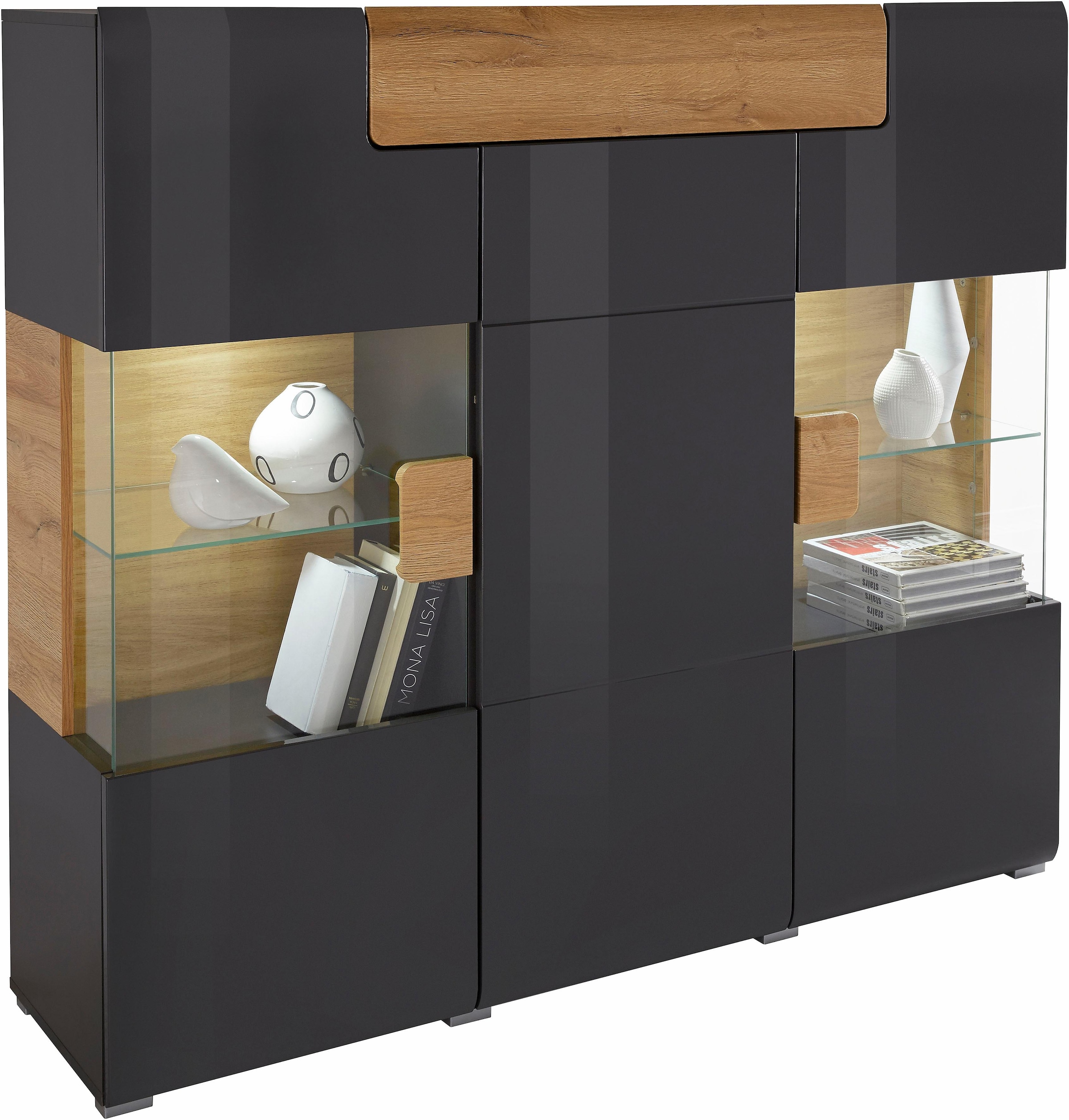 INOSIGN Highboard »Toledo,Breite 147,5cm,trendige Hochkommode mit 3Türen und Schublade« Hochschrank mit Glas-Partien,stylische Hochglanzfronten