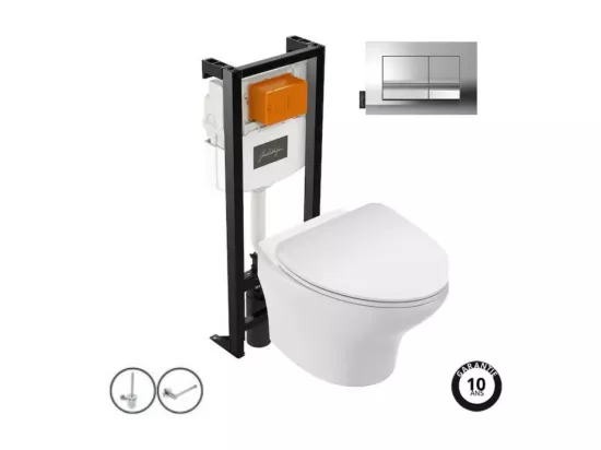 Pack WC suspendu sans bride JACOB DELAFON Nouvelle vague+ bâti-support + plaque Chrome + accessoires