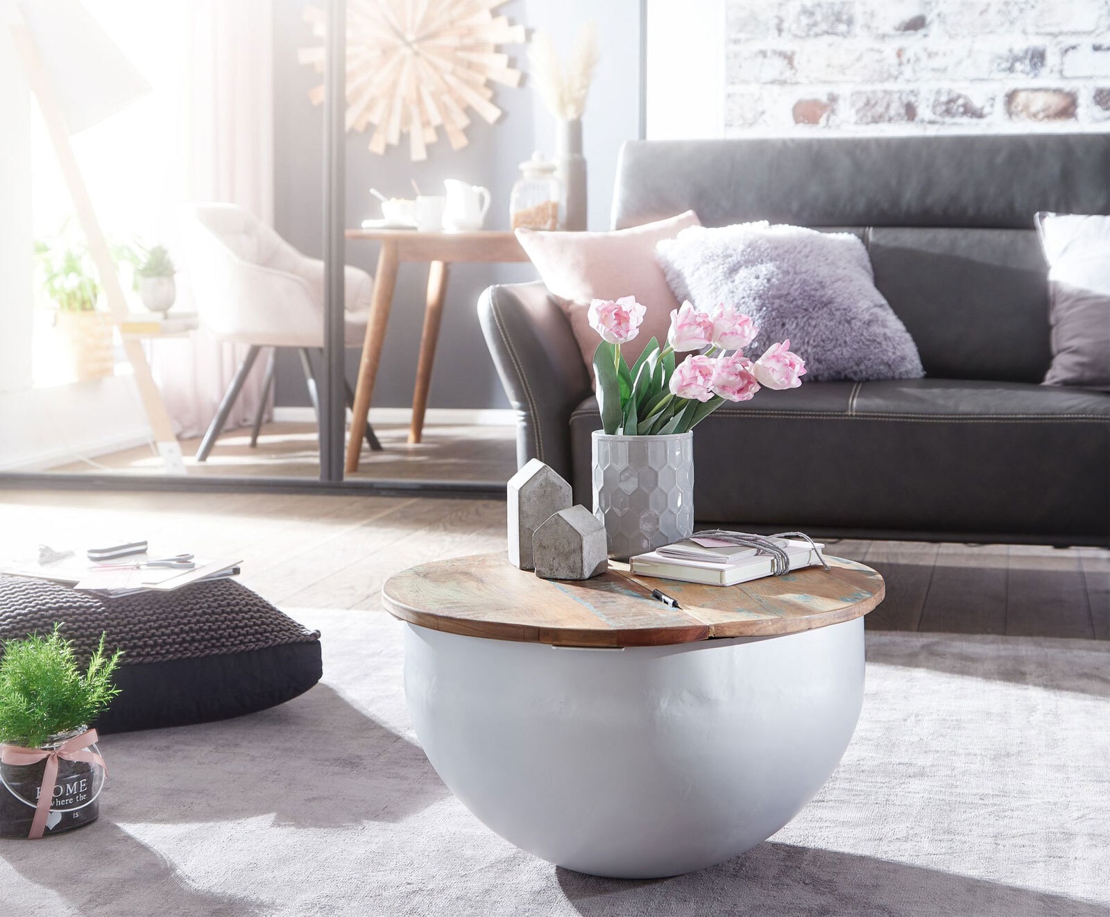 Couchtisch rund 60 x 60 cm Weiß/Mango massiv