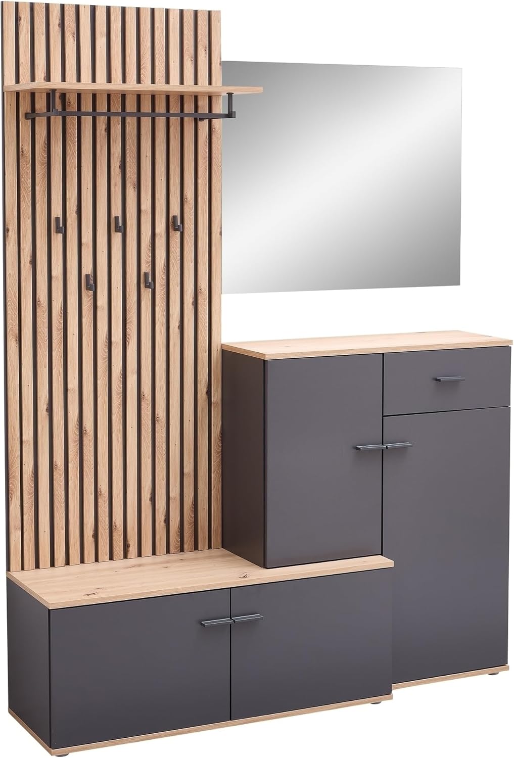 möbelando Kompaktgarderobe >Fynn< modern mit Spiegel, Schuhkommode, Bank & Paneel in Anthrazit/Artisan ? Stellmaß B/H/T: 223x199x38 cm, Melamin, Lamellenoptik, zerlegt geliefert