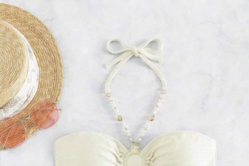 CUCURBIT - Halter-hals neppe parel bandjes hoepel accent bikini set