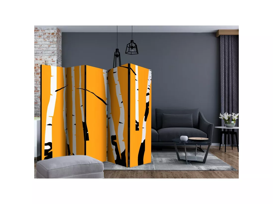 Paravent design bouleaux stylisés sur fond chaleureux