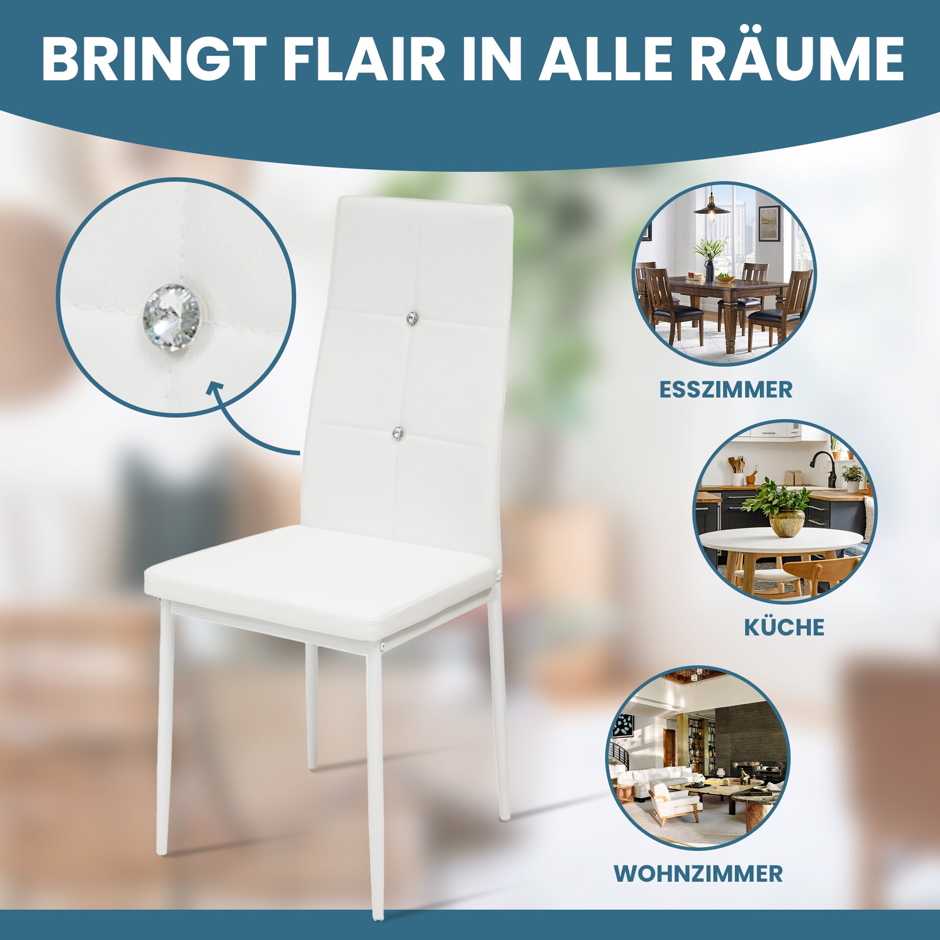 Albatros Esszimmerstühle DIAMOND 4er Set, Weiss - Edler Diamant-Look, Polsterstuhl mit Kunstleder-Bezug, Modernes Stilvolles Design am Esstisch Küchenstuhl Stuhl Esszimmer hohe Belastbarkeit