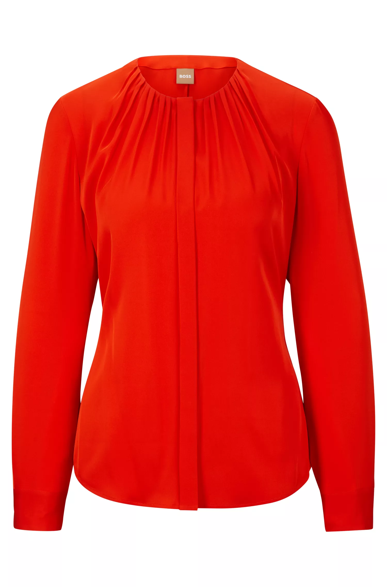 Blusa BOSS preta com decote franzido em crepe de seda elástico.