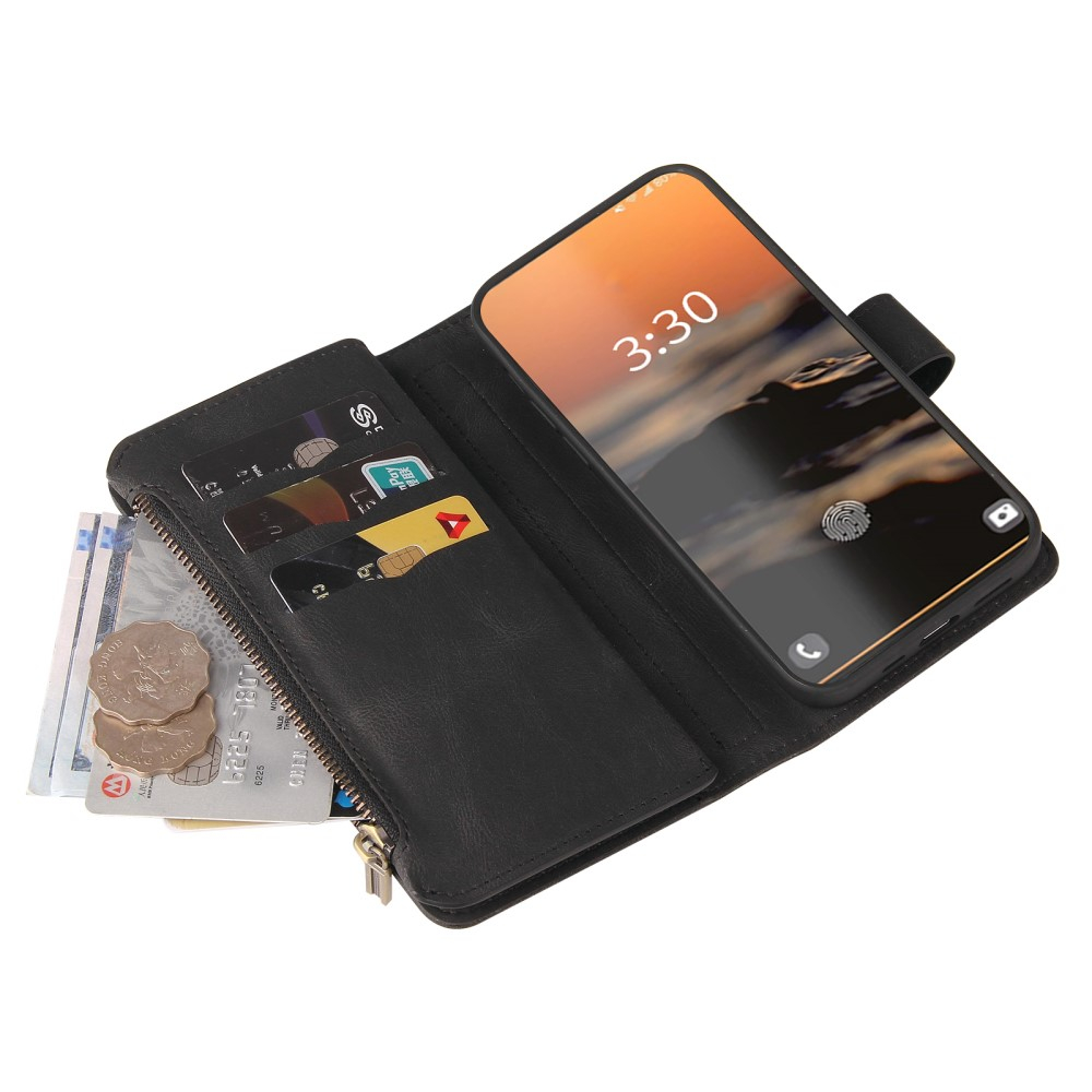 Samsung Galaxy S23 Ultra 5G Leder Wallet Etui Tasche mit 15 Kartenfächern   Münzfach - Schwarz