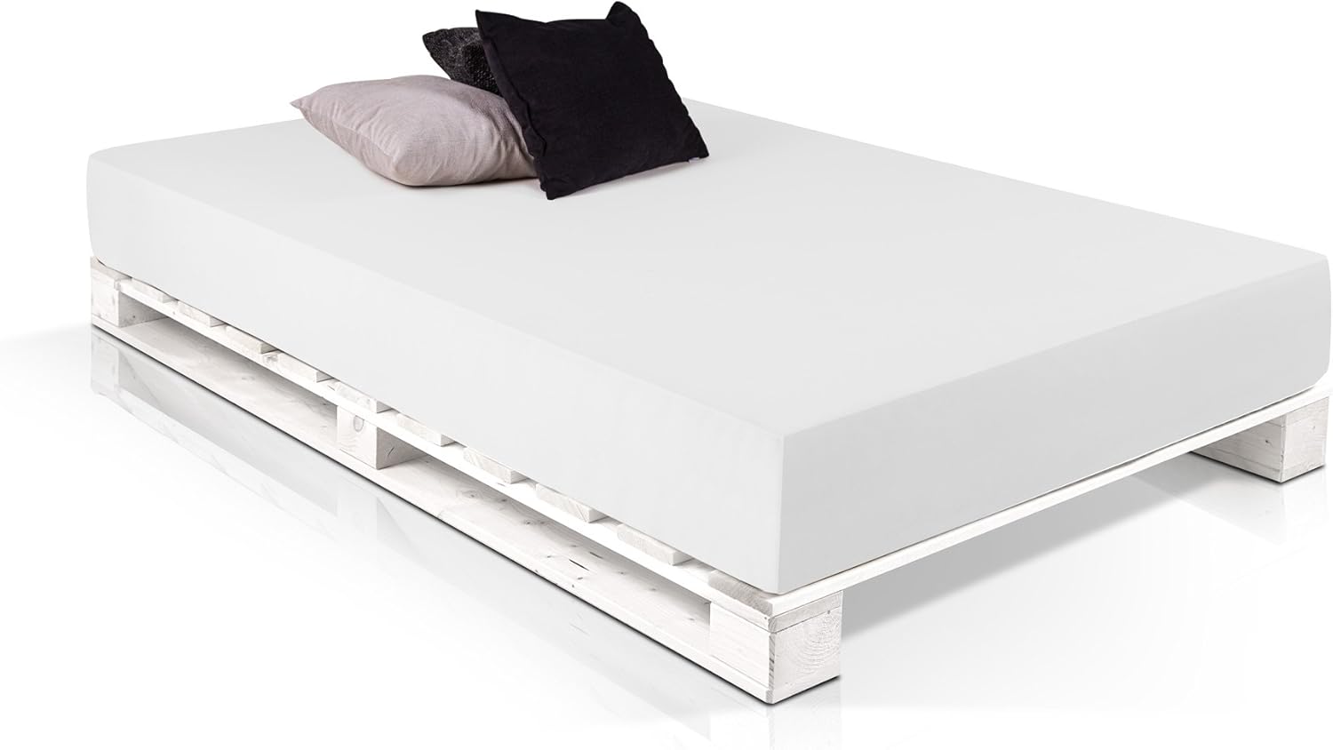 PALETTI Palettenbett Massivholzbett Holzbett Bett aus Paletten mit 11 Leisten, Palettenmöbel Made in Germany, 90 x 200 cm, Fichte Weiss