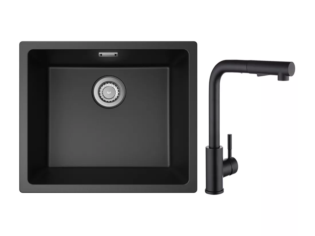 CECIPA MAX Evier 1 Bac en Quartz et Résine Noir Gris 50*44*20cm + Mitigeur de Cuisine avec Douchette Extractible Noir