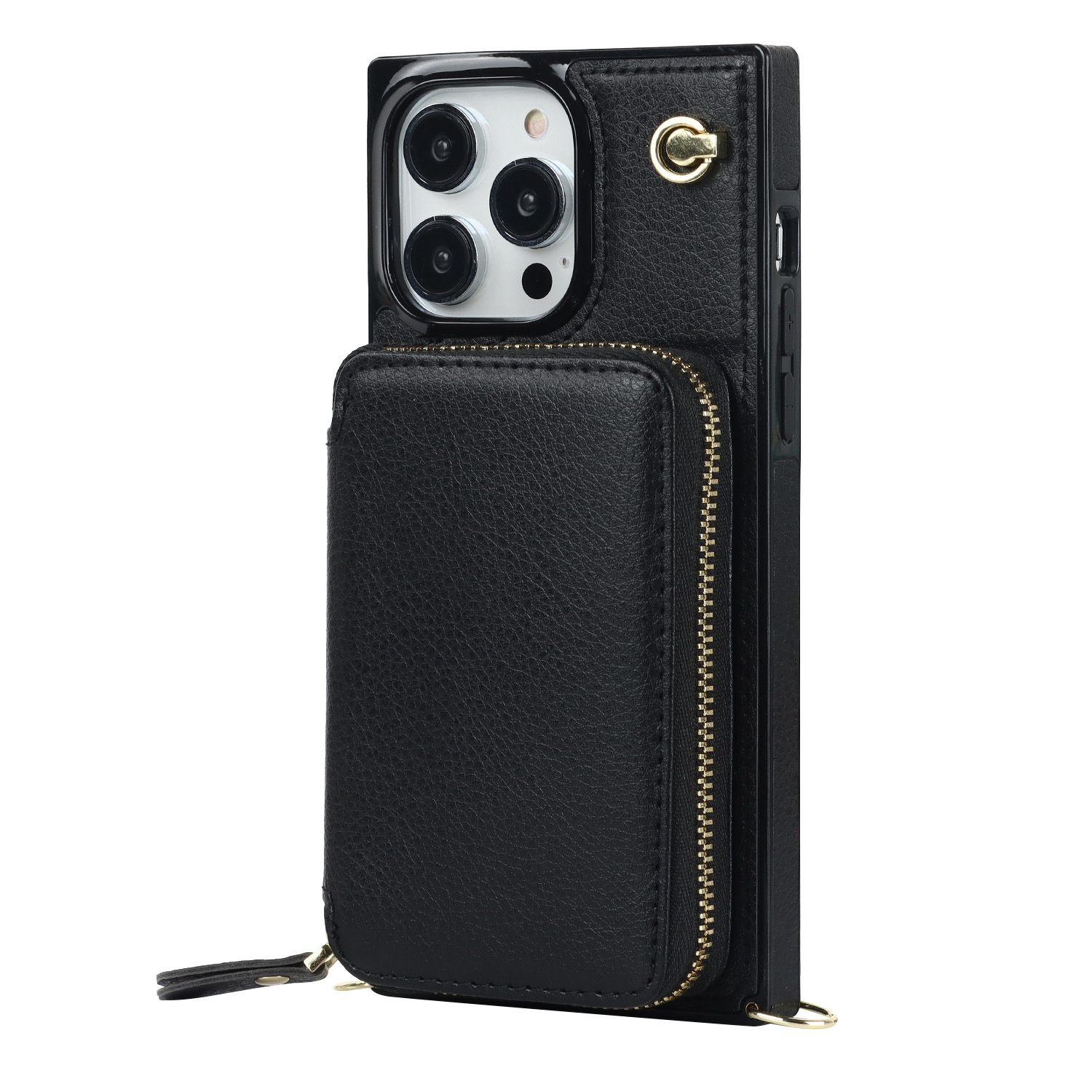 iPhone 15 Pro Max Necklace Leder Schutz Hülle mit Kartenfächer   Handykette (140cm) - Schwarz