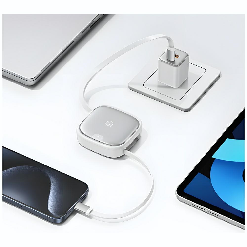 (1m) 60W 3in1 Mini Ausziehbares USB C auf USB C / Lightning / Micro USB Ladekabel Datenkabel mit Aufbewahrungsfach (USA001335) - Schwarz