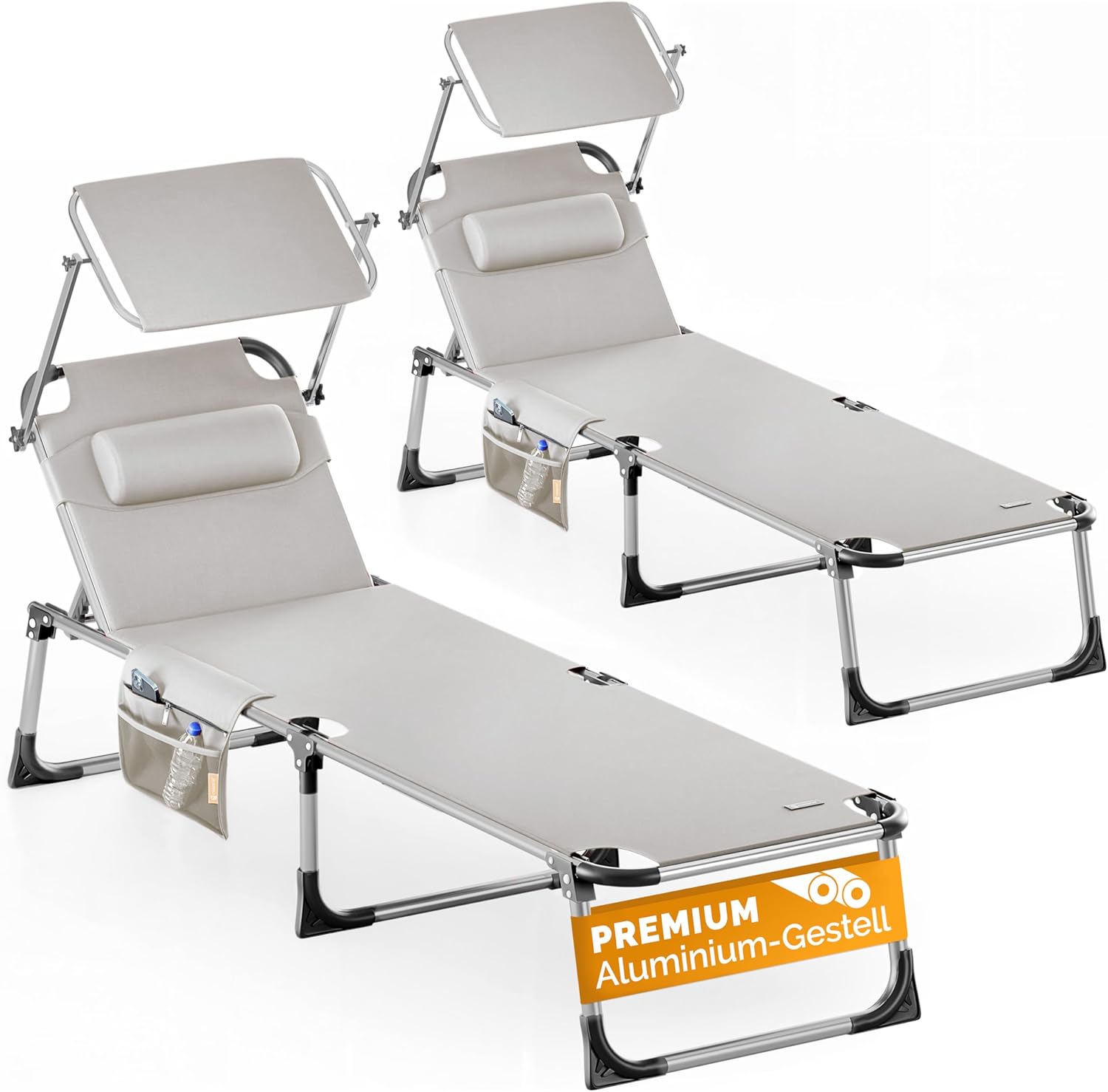 Casaria® 2er Set Sonnenliege Klappbar Aluminium Wetterfest Gartenliege mit Sonnendach Seitentasche Kissen bis 180 kg Garten Liegestuhl Leicht Creme