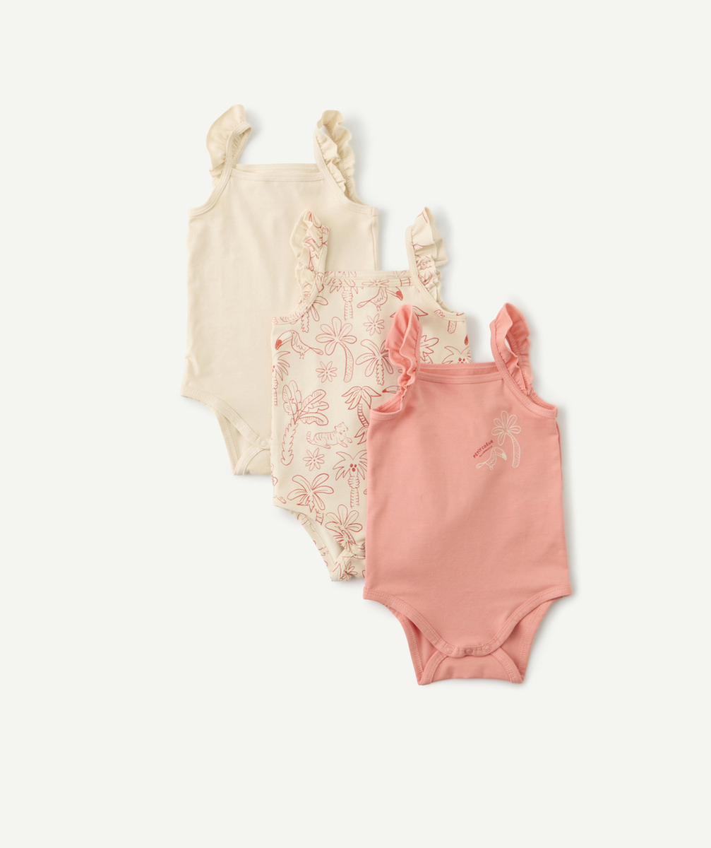 lot de 3 bodys bébé en coton bio rose et écru thème toucan