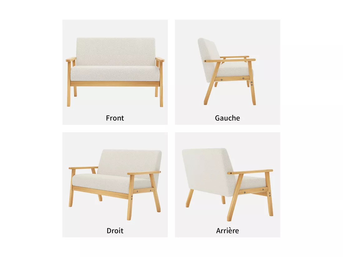 Canapé 2 places salon moderne, en Polaire Teddy, cadre en bois, Beige, 107x60x76cm