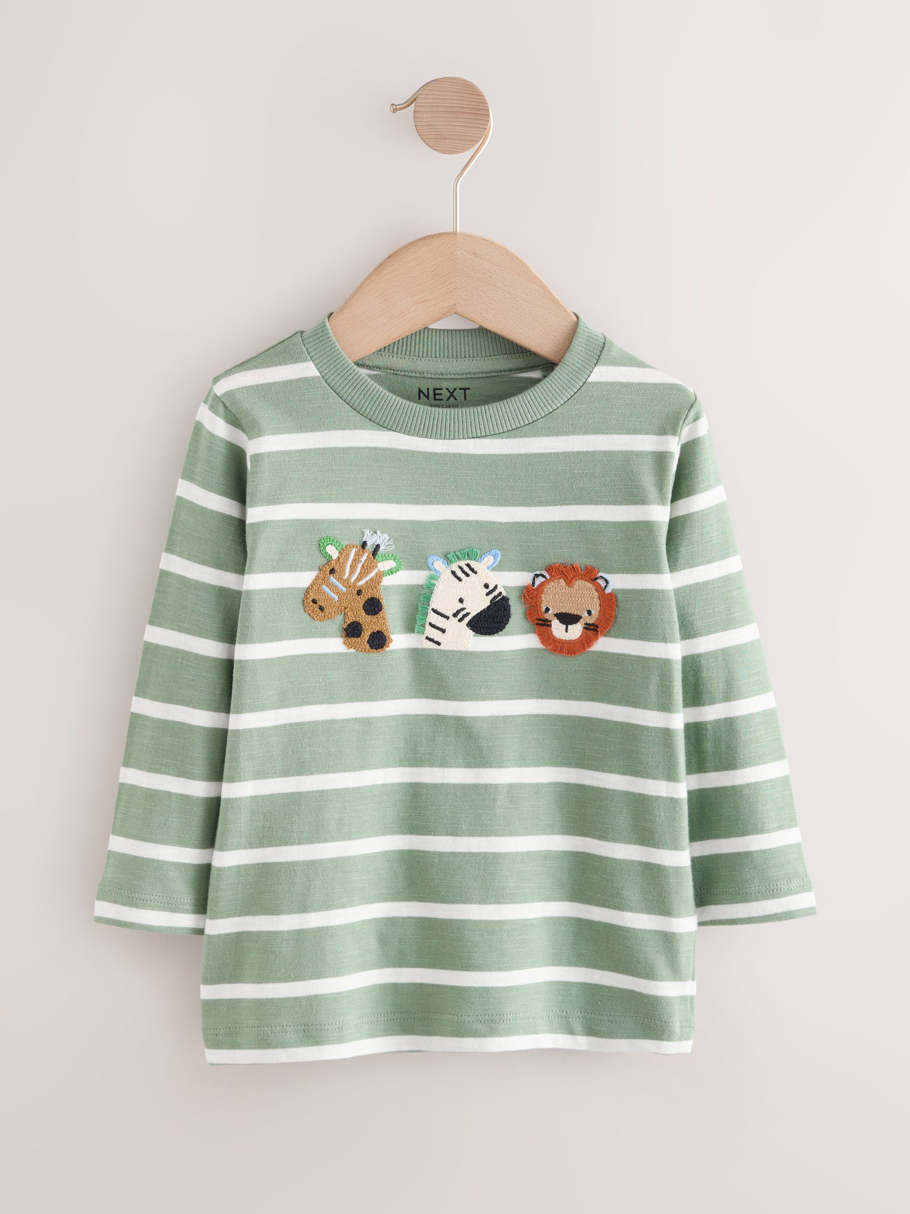 Groen/wit gestreepte safari - T-shirt met applicatie en lange mouwen (3 mnd-7 jr)