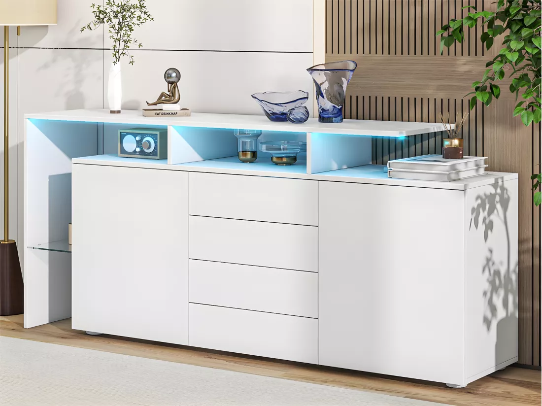 Buffet bas avec éclairage LED - 4 tiroirs et 2 portes - Blanc