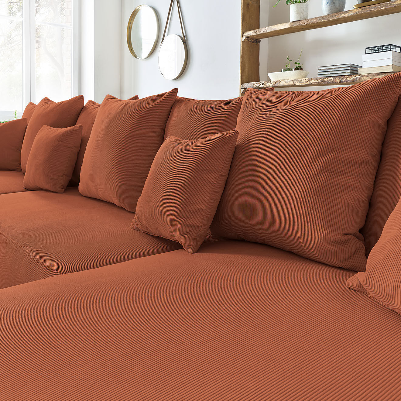 Bobochic Canapé panoramique convertible coffre velours côtelé envy orange - 386x153x95 cm