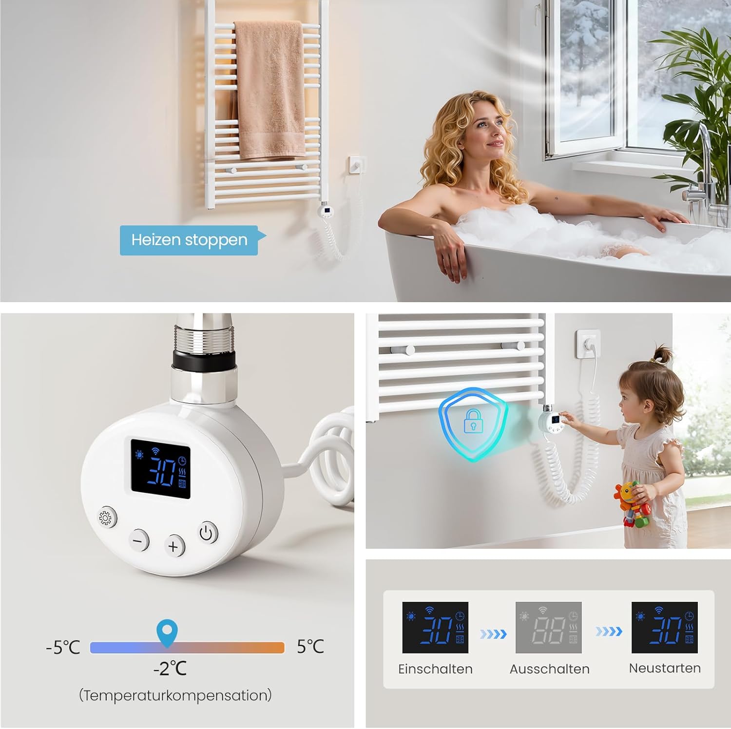 Heilmetz Smart WiFi Badheizkörper Elektrisch 70x40cm Elektrischer Handtuchtrockner mit Thermostat und Timer-Funktion Gerade Handtuchheizkörper Weiß 300W