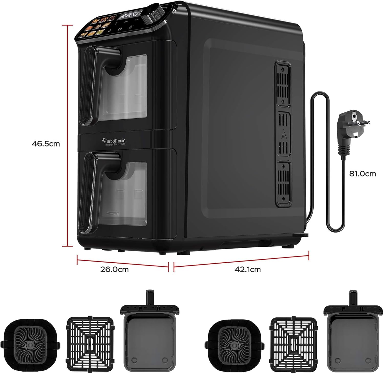 TurboTronic Heißluftfritteuse XXL – 11 L vertikale Doppelkammer Heißluftfritteuse 2 × 5,5 L DualZone, platzsparendes Double-Stack-Design AirFryer inkl. Silikoneinlagen, fettarmes Frittieren ohne Öl