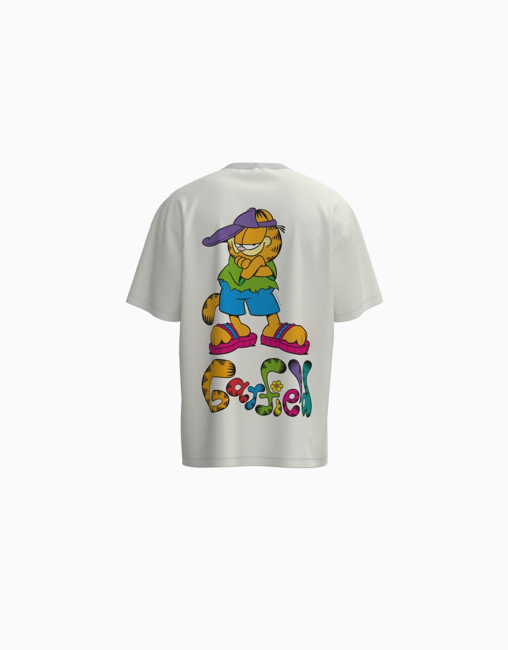 Camiseta de manga curta com estampa do Garfield e modelagem quadrada.