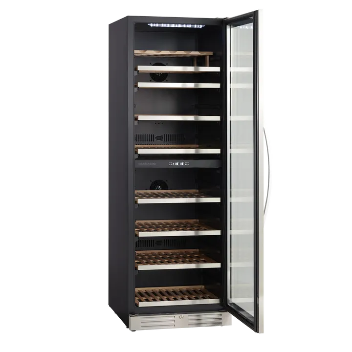 Scandomestic SV 124 X - Vinkøleskab - 2 Zoner - bredde: 59.5 cm - dybde: 67.7 cm - højde: 176.4 cm - 416 liter - Rustfit stål/sort - Optil 126 flasker